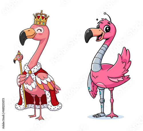 Flamingos in regal and robot form stand side by side. Cartoon, fun, flamingo, robot, king, royal, mascot, cute, comic, characters, illustration