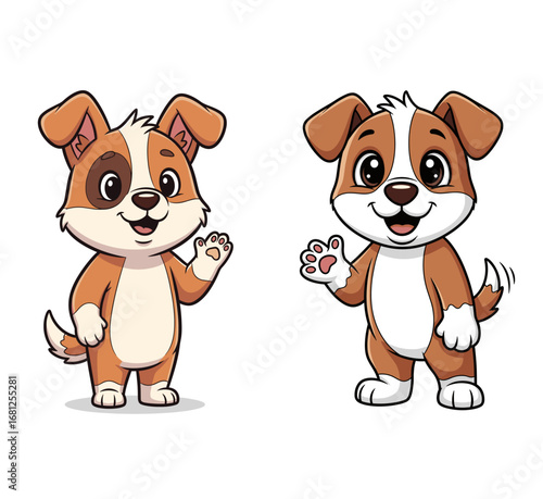 Two cartoon dogs waving hello, standing up. Friendly pets, adorable characters, domestic animal, puppy love, greeting.