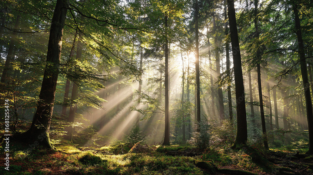 Obraz premium Sunlight streaming through tall trees in a dense forest - Natural woodland scene