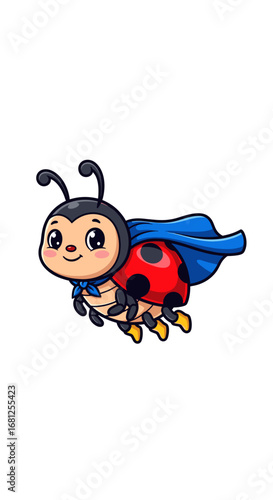 Cartoon ladybug flies with blue cape. Cute insect hero, animal character, funny, cape, bug, cheerful, superhero, illustration