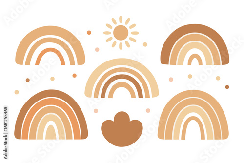 Boho Rainbows and Sun Illustration in Neutral Tones, Earthy Aesthetic, Isolated on White