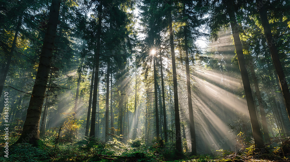 Fototapeta premium Sunlight streaming through tall trees in a dense forest - Natural woodland scene