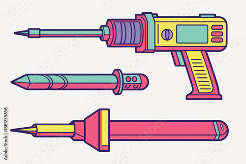Retro futuristic ray gun and accessories in vibrant colors laser gun toy gun