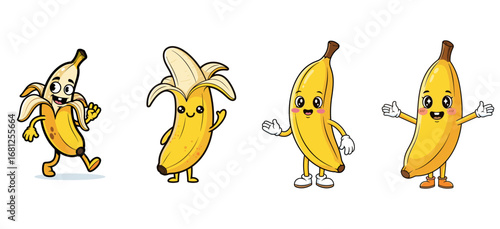 Cartoon bananas with faces pose happily. Cheerful fruit characters, fun food, illustration, vector design, cute, mascot, healthy, peel, kawaii