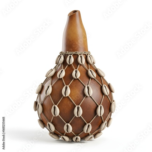 Authentic shekere, a unique African musical instrument crafted from a dried calabash and embellished with a decorative shell net, symbolizing rhythm and heritage