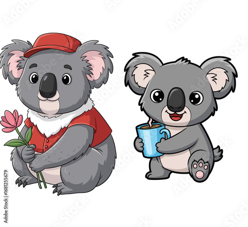 Cute koalas cartoon, one with flower, other with coffee. Friendly animals, childish illustration, happiness, fun, vector graphics.