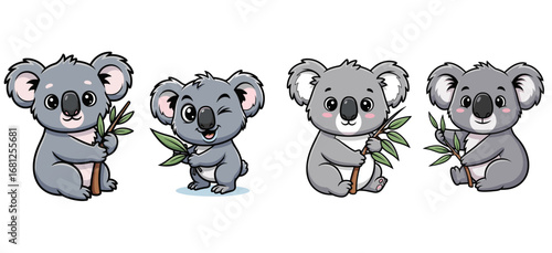 Cute koalas with leaves, set. Cartoon animals, cuddly, wildlife, illustration, vector, adorable, happy, funny, playful.