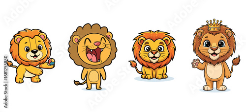 Cartoon lions stand and sit in different poses. Cute animal characters, playful, wildlife, mammal, cheerful, happiness
