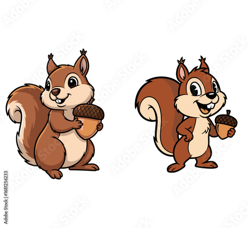 Cartoon squirrels hold acorns and smile. Wildlife animal, forest, rodent, cute, fun, nature, cartoon illustration