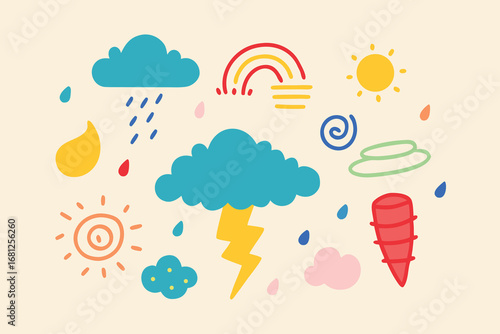 Cartoon Weather Icons Clouds, Sun, Rainbow, Lightning, Wind, Raindrops, and Colorful Waterdrop Shapes