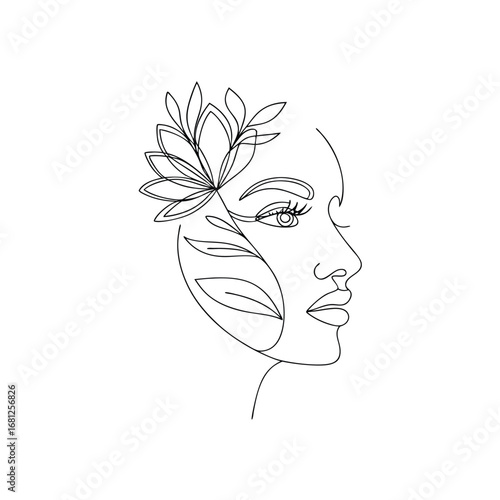 Elegant female face with floral adornment line art