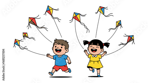 Joyful Soaring: Two delighted kids joyfully fly kites, set against a sunny sky, a vivid illustration of childhood fun.
