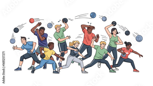 Action-Packed Dodgeball Game: Dynamic illustration of a dodgeball game in full swing, showcasing the energy, focus, and coordinated action of a team in a stylized artistic rendering.