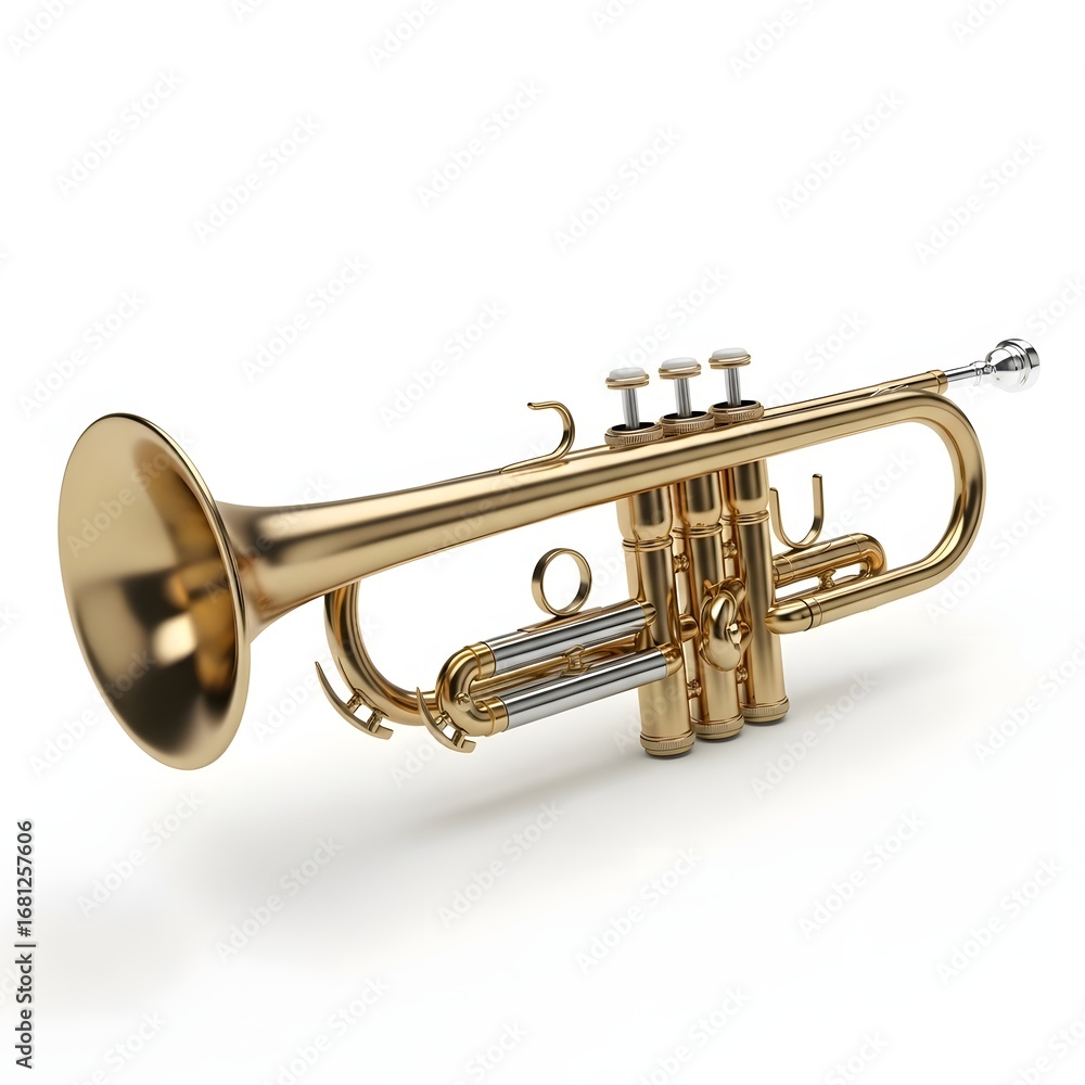 Obraz premium Shiny Brass Trumpet Isolated on White A Detailed Look at a Musical Instrument