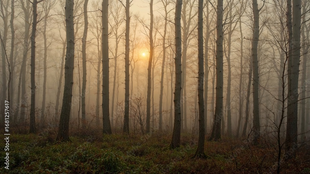 Fototapeta premium Mystical woodland scene with sunlight filtering through mist