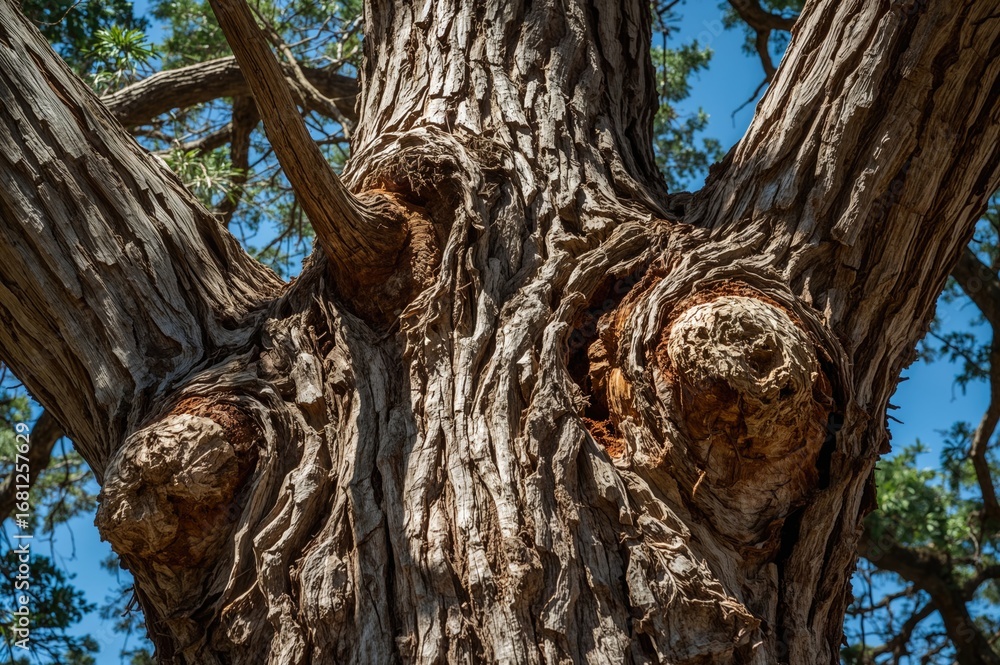 Obraz premium Detailed view of a twisted cedar tree trunk with ancient, knobby growths under a clear blue sky