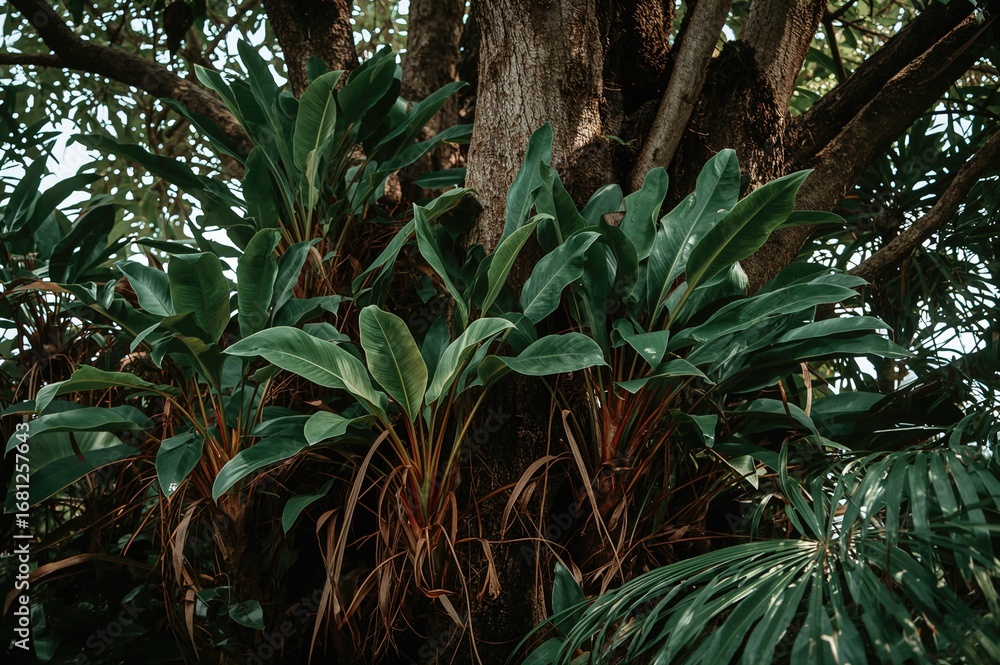 Obraz premium Lush climbing jungle plant with large foliage (Asplenium nidus)