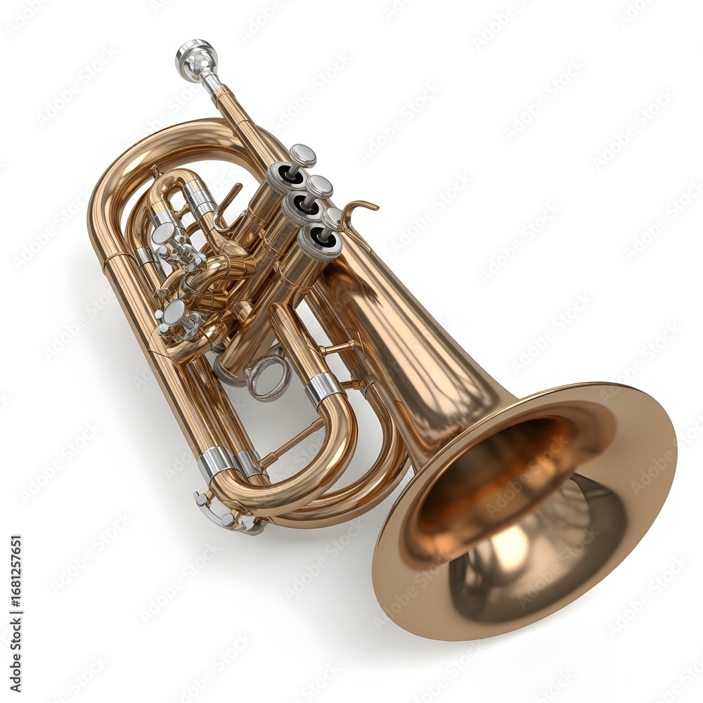 Obraz premium Close-up view of a brass horn, a musical instrument, isolated on a white background, symbolizing music and performance