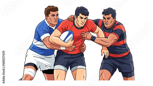 Rugby Action: Captivating action in the dynamic world of Rugby. A vibrant, illustrative depiction of players. The central player valiantly advances with the ball amid intense challenges. 