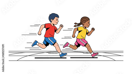 Dynamic Duo on the Track: Witness the energy and speed of two determined kids as they sprint down the track in a spirited race, symbolizing friendship and perseverance.