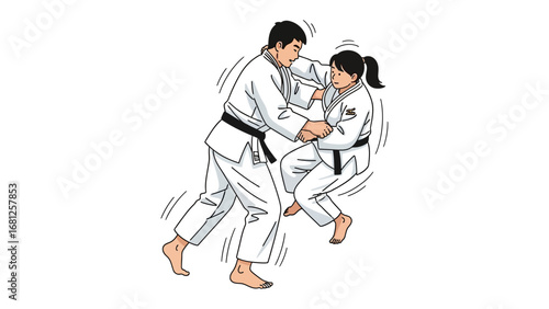 Judo Practice: Two judokas in white gis demonstrate a dynamic judo technique, embodying the discipline's spirit of balance, control, and strategic movement.