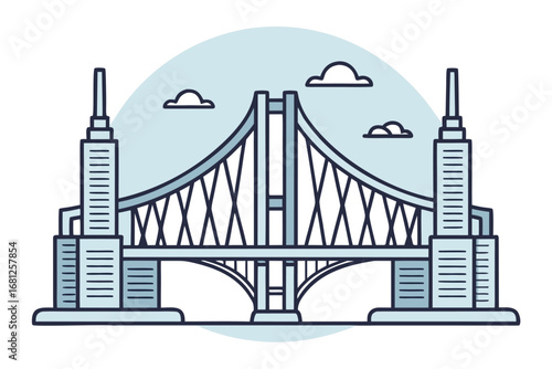 Stylized Suspension Bridge with Towers and Clouds on White Background architecture city