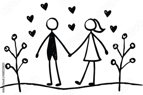 Doodle Art Stick Figure Couple Holding Hands Walking Beneath Hearts with Small Trees