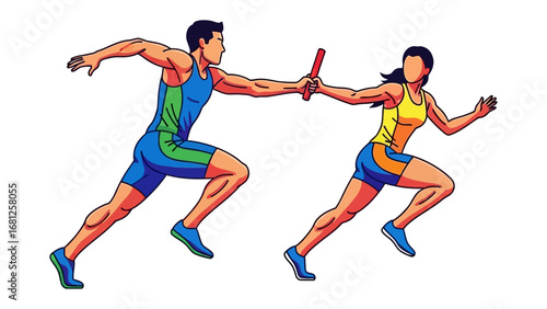 Relay Race Exchange: A dynamic illustration captures the essence of teamwork and athleticism as a runner passes the baton to a teammate in the middle of a relay race.