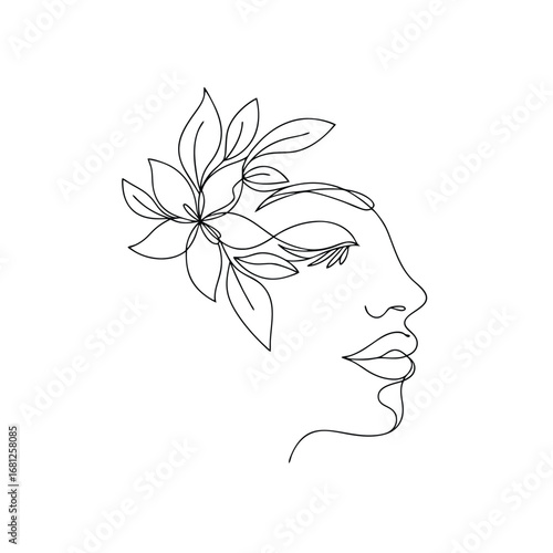 Elegant female profile with floral adornment continuous line drawing