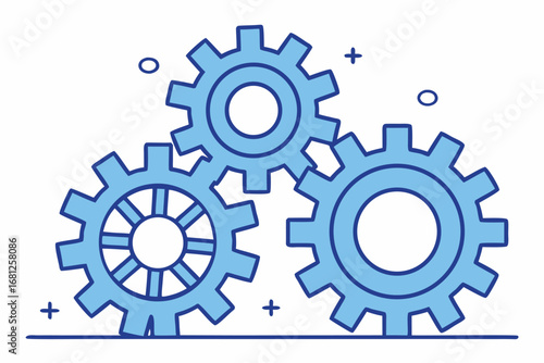 Three Blue Interlocking Gears with Hand Drawn Elements mechanism machinery