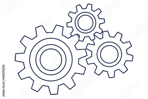 Three dark blue outlined gears interlocking on a white background mechanism machinery