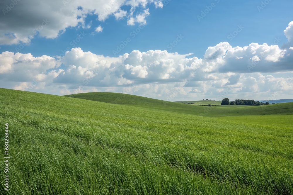 Fototapeta premium Lush green rolling hills under a vibrant cloudy sky during the warm season on a countryside farm