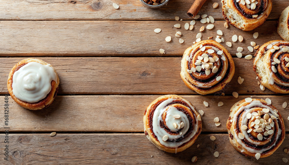 Fototapeta premium Overhead cinnamon rolls on rustic wooden table with icing and almonds. 