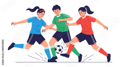 Dynamic Soccer Showdown: A vivid illustration captures a moment of intense competition on the soccer field, showcasing agile athletes in action, battling fiercely for possession of the ball.