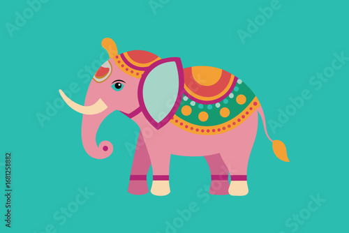 Flat Illustration of a Pink Decorated Elephant on Turquoise Background