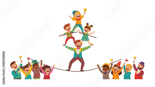 Circus Spectacle: A vibrant cartoon illustrates a circus performer walking a tightrope while balancing a tower of delighted children. The scene evokes laughter, daring, and the wonder of the big top.