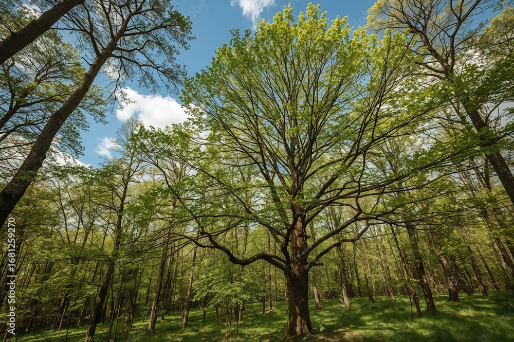 Lush green woodland bathed in sunlight during spring
