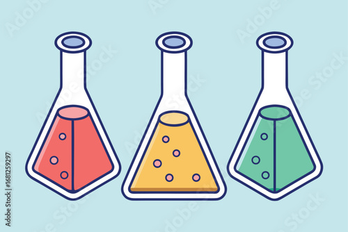 Three laboratory flasks with colored liquids on a light blue background beakers science