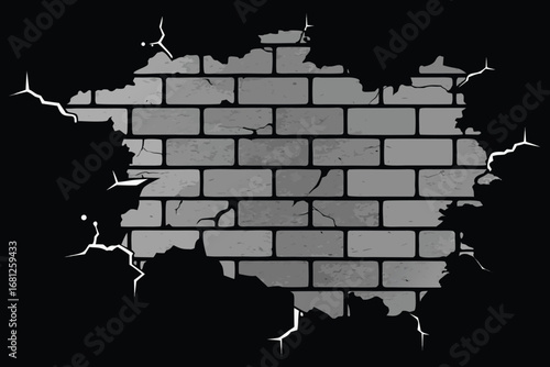 Grey Brick Wall Bursting with Cracks on Black Background Illustration for Creative Projects
