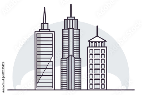 Three modern skyscrapers with geometric designs on a light grey background building architecture