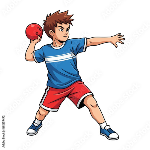 Youthful Throw: A young boy, energized and focused, prepares to hurl a vibrant red ball with determined precision, embodying the essence of sportsmanship and athleticism.
