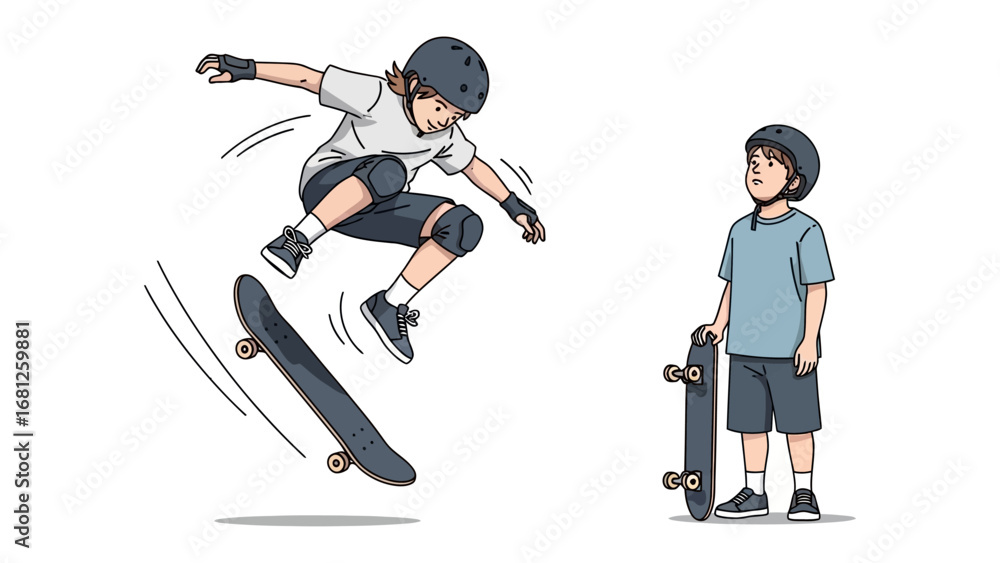 Obraz premium Skateboarder Demonstration: A skateboarder executes a dynamic jump while another looks on, capturing the energy of urban sports and youthful enthusiasm.