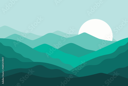 Minimalist Teal Mountains with Rising Sun Illustration, Abstract Landscape Wallpaper Design Background