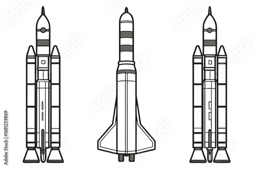 Three rockets with grey accents and fins on white background space launch