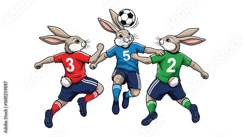 Rabbit Soccer Showdown: A whimsical illustration captures three athletic rabbits in a dynamic soccer match, with each competitor showcasing their prowess in a vibrant, engaging scene. 