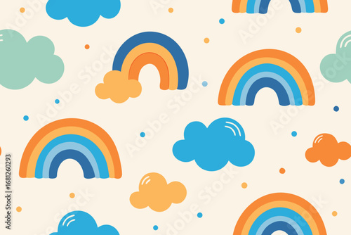 Playful Cartoon Pattern Rainbows, Clouds, and Dots Against a Cream Background Design