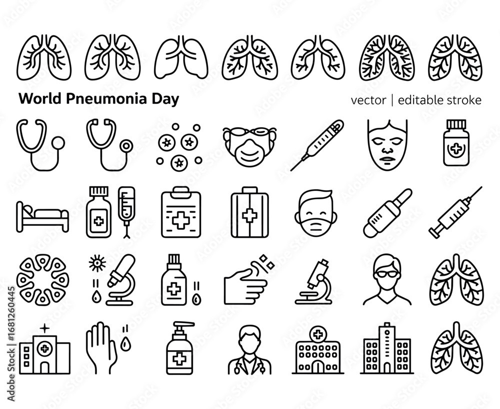 Naklejka premium World Pneumonia Day: Awareness Icons Representing Lung Health, Medical Instruments, and Prevention Measures in Line Art Style