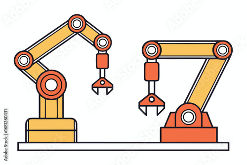 Two industrial robotic arms in yellow and orange on white background automation manufacturing