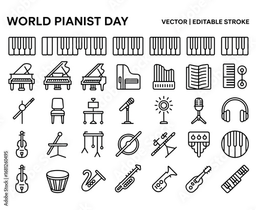 Celebrating World Pianist Day: A Collection of Musical Instruments and Symbols Representing the Artistry of Piano Music and Performers