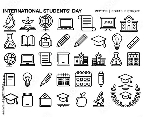 A Collection of Educational Symbols Representing International Students' Day Celebrations and the Importance of Learning Across the Globe